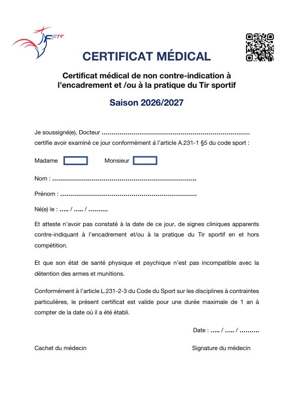 Modèle de certificat médical FFTir pour la pratique du tir sportif